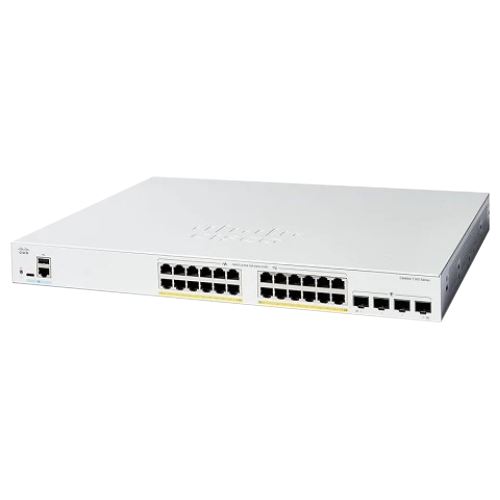Angled view of a compact Cisco switching unit highlighting its PoE port configuration and streamlined chassis design.