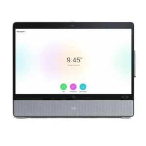 Cisco Webex Desk Pro collaboration device front view featuring touch display and integrated camera for video conferencing.
