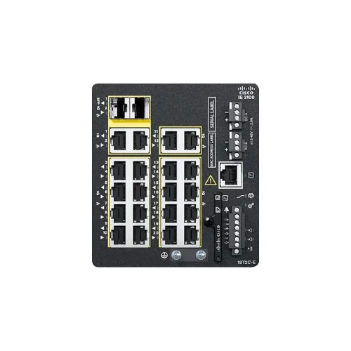 Front view of Cisco Catalyst IE3100 20-Port Rugged Switch showing industrial-grade Ethernet ports with durable metal casing.
