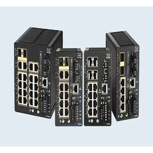 Angled view of Cisco Catalyst IE3100 20-Port Rugged Switch highlighting rugged design and ventilation for harsh environments.