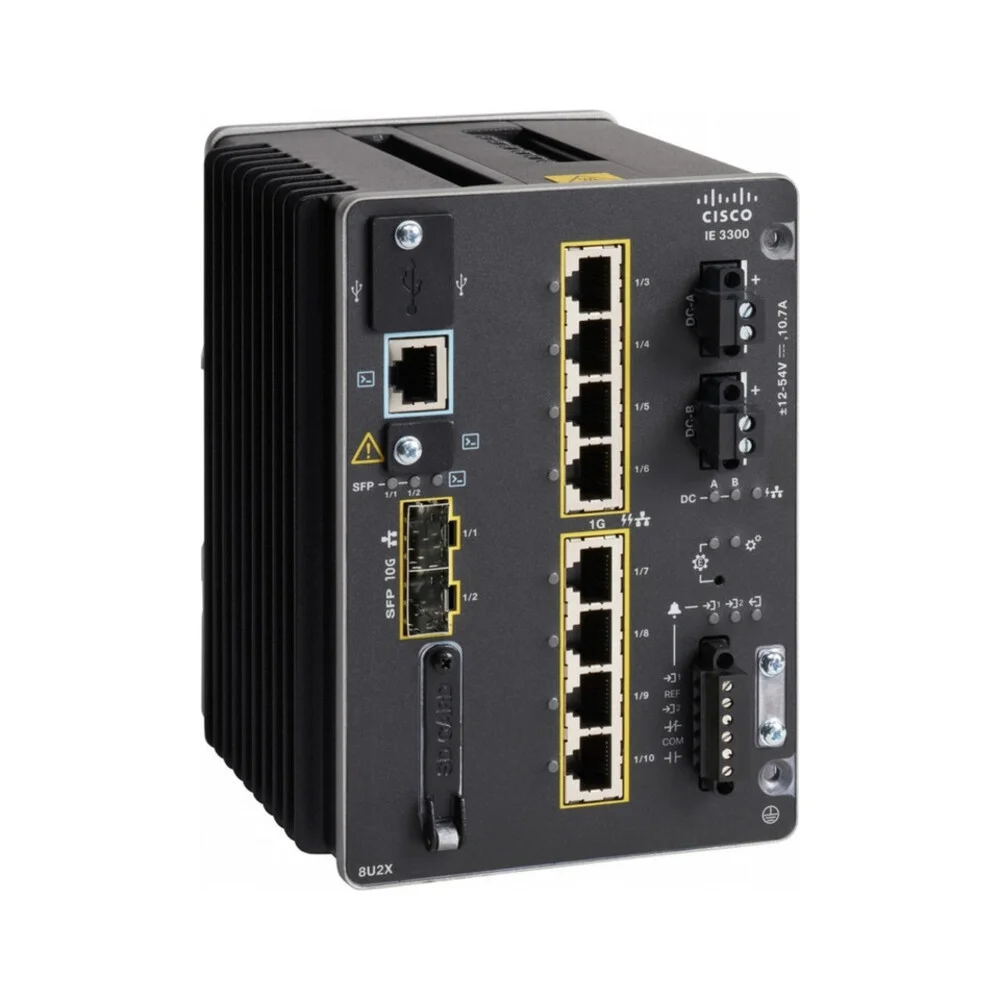 Front view of Cisco Catalyst IE3300 8-Port Rugged Switch displaying industrial Ethernet ports with reinforced metal housing.