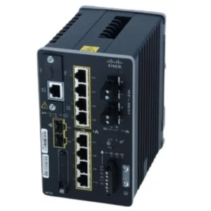 Front view of Cisco Catalyst IE3400 10-Port Industrial Switch showing robust Ethernet ports and ruggedized housing for harsh conditions.