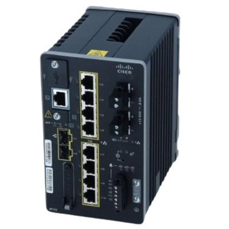 Front view of Cisco Catalyst IE3400 10-Port Industrial Switch showing robust Ethernet ports and ruggedized housing for harsh conditions.
