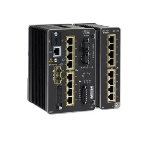 Angled perspective of Cisco Catalyst IE3400 highlighting compact design, ventilation slots, and durable metal casing for industrial networks.