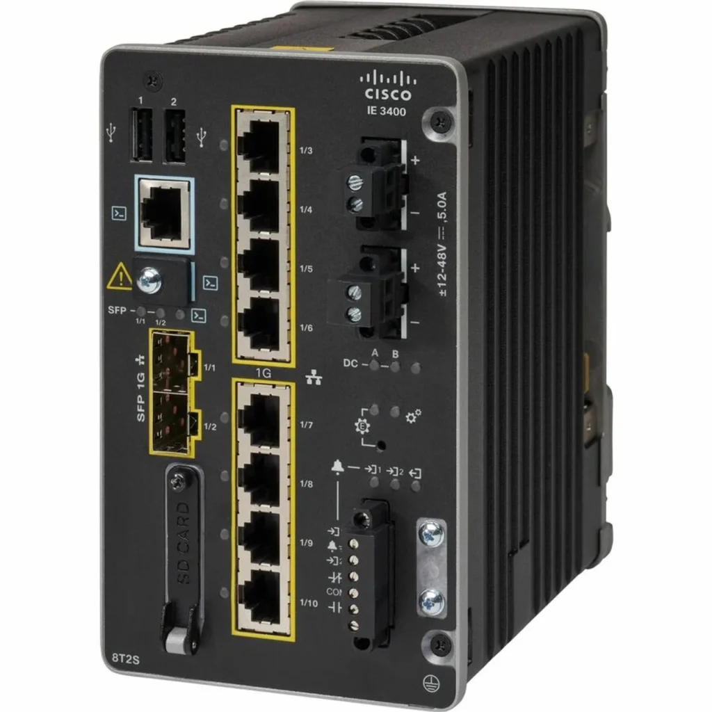 Side-angled view of the Cisco IE3400 switch featuring its modular expansion bay and robust thermal design for field installations.