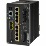 Side-angled view of the Cisco IE3400 switch featuring its modular expansion bay and robust thermal design for field installations.