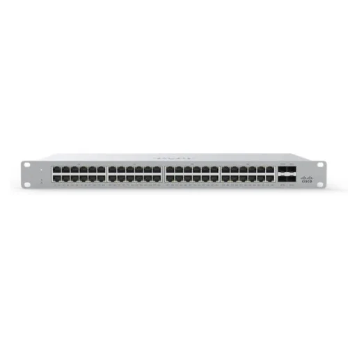 Front view of Cisco MS120-48FP-HW Meraki switch highlighting 48 PoE-enabled ports and status LEDs for enterprise networks.