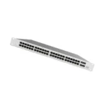 Angled rear view of Cisco MS120-48LP-HW highlighting ventilation slots and power connection for efficient rack installation.