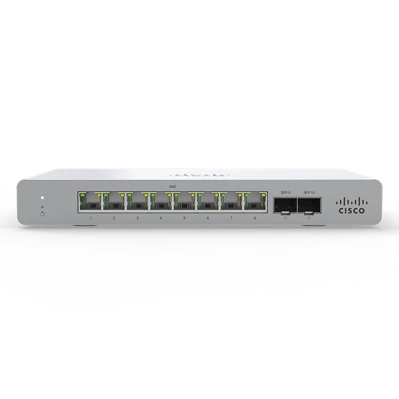 Front view of Cisco MS120-8-HW displaying 8 ports designed for secure and manageable cloud-connected networking.