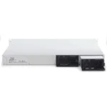 Angled perspective of Cisco MS350-48LP-HW highlighting its robust build and efficient airflow design for rack installations.