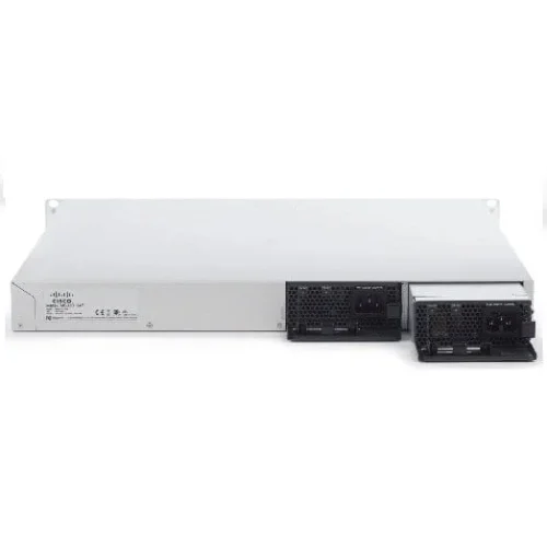 Angled perspective of Cisco MS350-48LP-HW highlighting its robust build and efficient airflow design for rack installations.