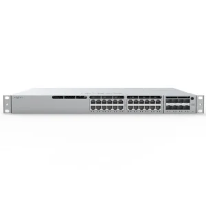 Cisco MS390-24-HW Meraki switch front panel featuring 24 Ethernet ports with sleek metal design.