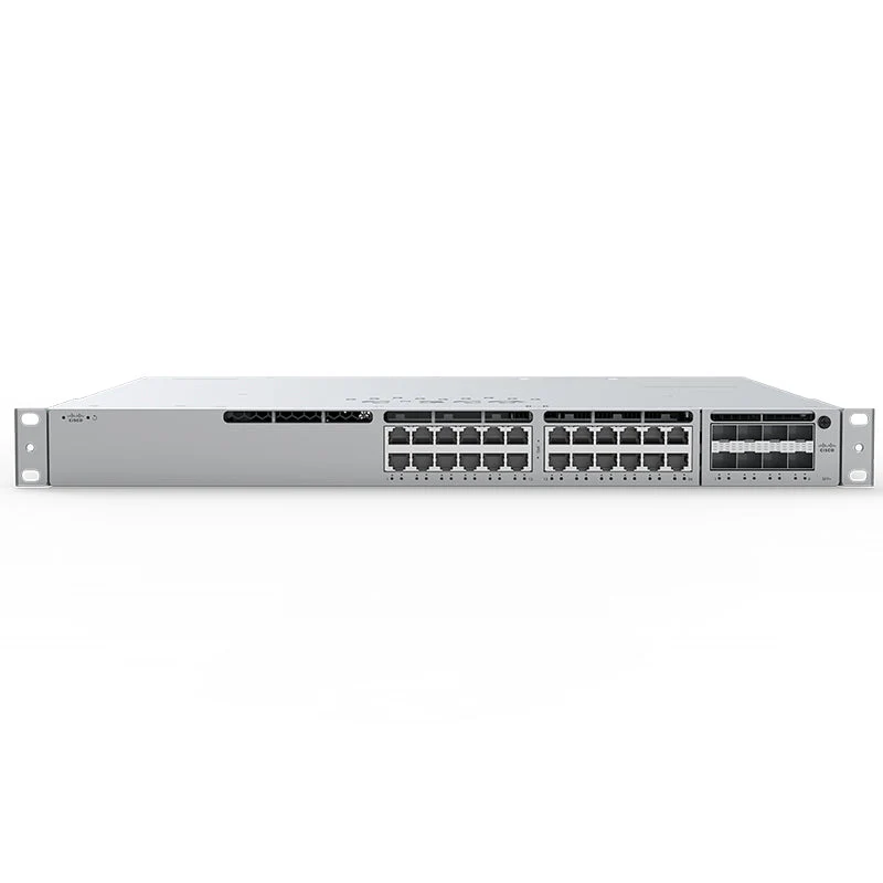 Cisco MS390-24-HW Meraki switch front panel featuring 24 Ethernet ports with sleek metal design.