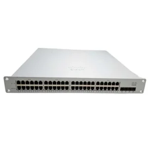 Front view of Cisco Meraki MS390-48 48-Port GBE Switch featuring full port layout with LED indicators for enterprise connectivity.