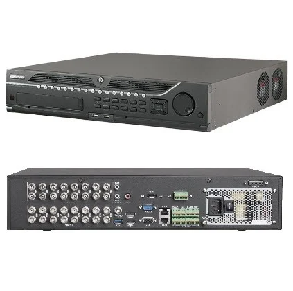 Rear view of Hikvision DS-9032HUHI-K8 32-Channel 5MP H.265 DVR highlighting video input ports and power connections