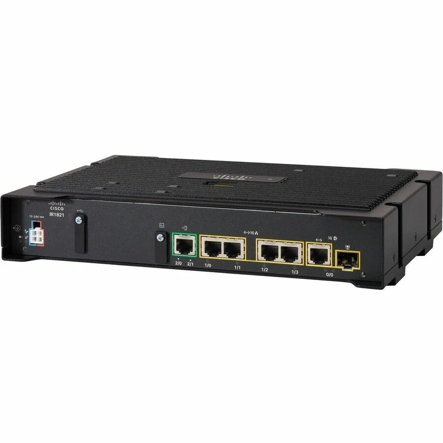 Angled perspective of Cisco IR1821-K9 highlighting durable chassis and ventilation design for reliable enterprise network deployment.