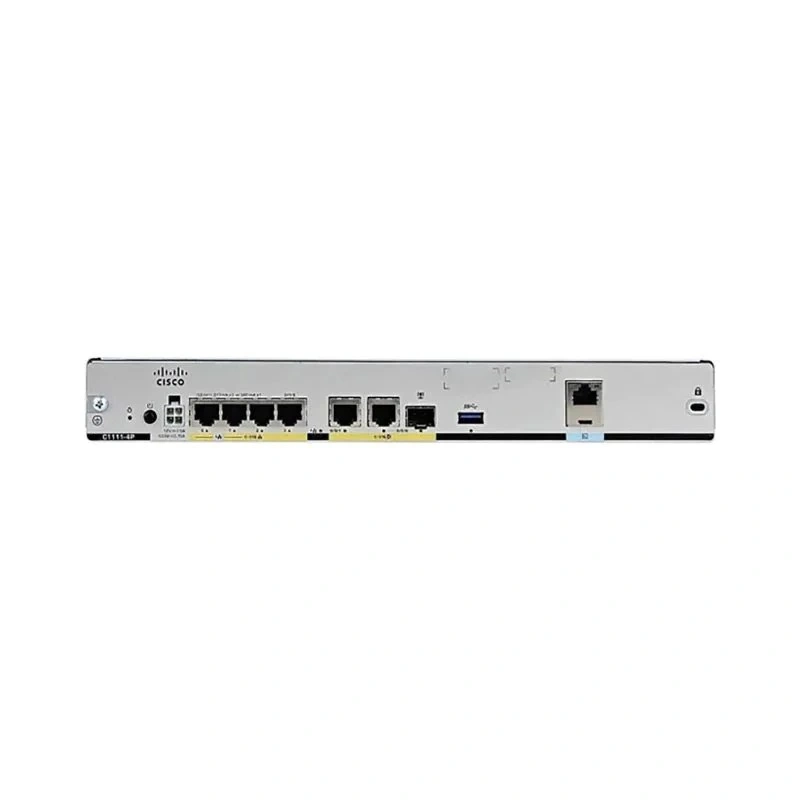 Angled perspective of Cisco C1111-4P highlighting compact chassis and connectivity layout for versatile deployment in office environments.