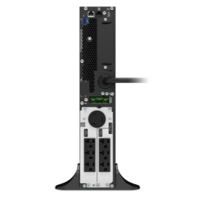 APC SRT2200XLA Rear View with NEMA 5-20P Plug and 6x NEMA 5-20R, 1x L5-20R Outlets