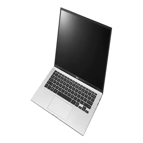 Front view of the LG Gram 14-inch notebook in a lightweight silver chassis with an edge-to-edge keyboard and high-resolution display.