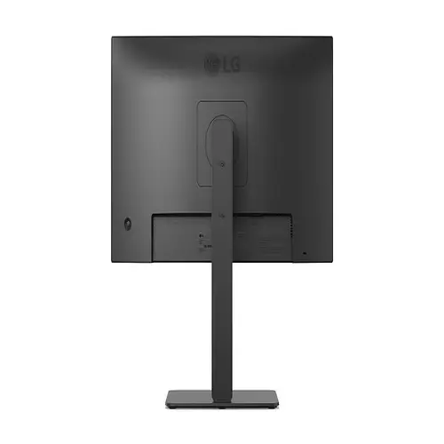 Rear view of LG 24-inch monitor showing the ergonomic height-adjustable stand and circular VESA mounting plate.