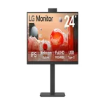 Front view of the LG 24-inch monitor in textured black with a built-in pop-up webcam for video conferencing.