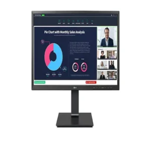 Front view of LG 24-inch Full HD monitor featuring a pop-up integrated webcam and ergonomic black stand.
