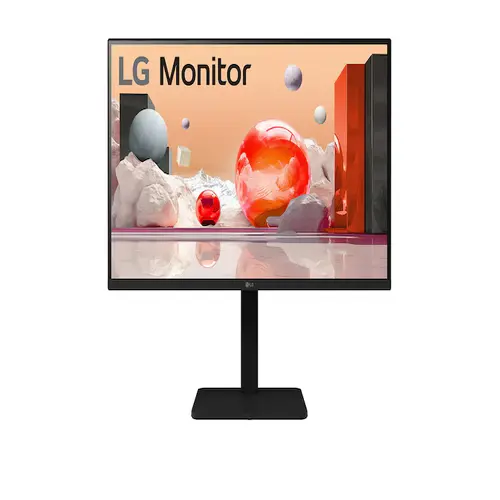 Front view of LG 27-inch Full HD LED monitor in matte black, featuring a clear, anti-glare IPS screen and slim stand.