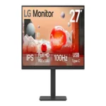 Front view of LG 27-inch Full HD LCD monitor featuring a slim three-sided borderless design and ergonomic stand.