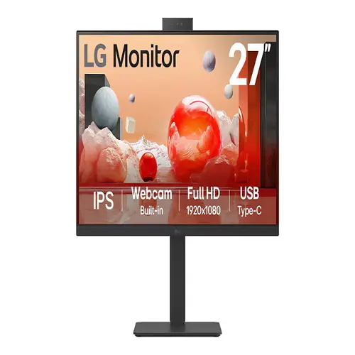 Front view of an LG 27-inch Full HD LED monitor in textured black featuring a built-in pop-up webcam and ergonomic stand.