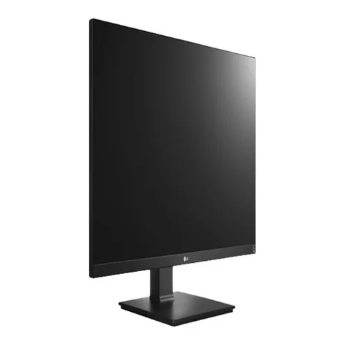 Front view of an LG 27-inch 4K UHD LCD monitor in black, featuring professional color accuracy and a minimalist bezel.