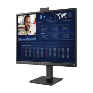 Front view of LG 27-inch All-in-One Thin Client featuring a large IPS display and built-in privacy webcam.
