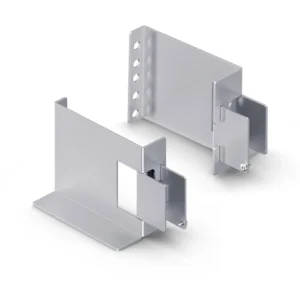 Front view of a silver mounting shelf for 2-post racks featuring a ventilated flat surface for networking gear.