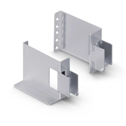 Front view of a silver mounting shelf for 2-post racks featuring a ventilated flat surface for networking gear.