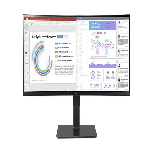 Front view of LG 34-inch UltraWide curved monitor with a 21:9 aspect ratio and immersive display.