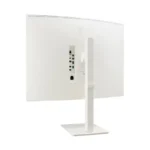 Rear view of LG 38-inch curved monitor showing the elegant white finish, USB-C docking ports, and wide stand.