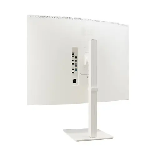 Rear view of LG 38-inch curved monitor showing the elegant white finish, USB-C docking ports, and wide stand.