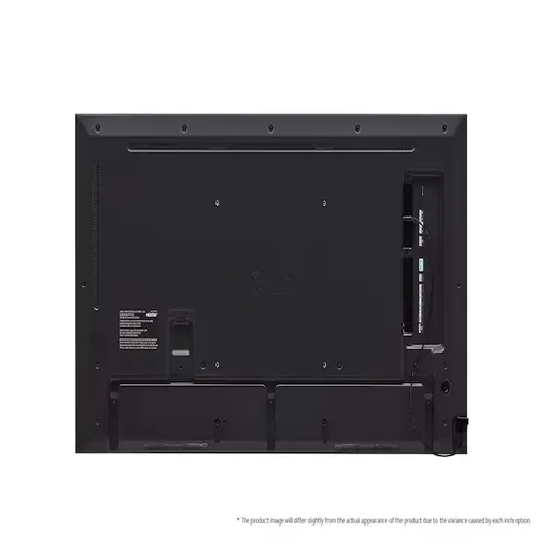 Rear view of LG 43-inch signage showing the recessed I/O panel and streamlined back cover for professional wall mounting.