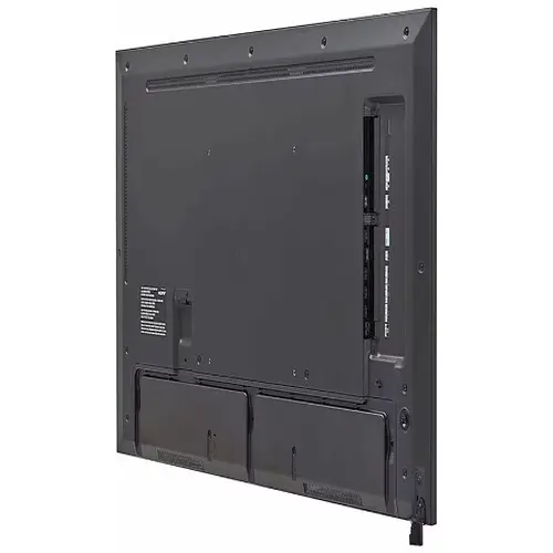 Rear view of LG 43-inch signage showing the ruggedized back panel and professional RS-232C and LAN control ports.