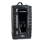 Front view of a 750VA AVR UPS featuring a blue digital status LCD and a compact tower form factor.