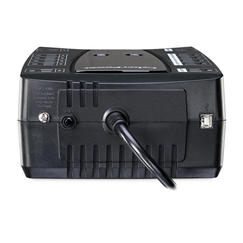 Rear view showing 12 NEMA 5-15R outlets (6 battery/surge, 6 surge only) and the 5-foot input power cord.