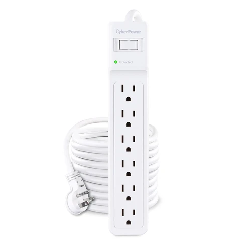 Front view of a white 6-outlet surge protector featuring a master power switch and a "Protected" LED indicator.