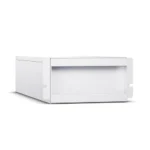 Front view of a silver 3U modular battery unit featuring a heavy-duty handle and hot-swappable interface for modular UPS cabinets.