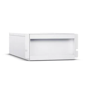 Front view of a silver 3U modular battery unit featuring a heavy-duty handle and hot-swappable interface for modular UPS cabinets.