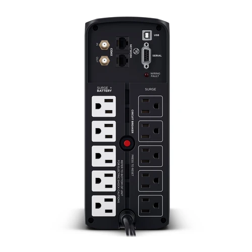 Rear view showing 12 NEMA 5-15R outlets (6 battery/surge, 6 surge only) and the RJ11/RJ45 data protection ports.