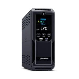 Front view of the 1500VA Intelligent LCD mini-tower UPS featuring a color LCD and dual USB charging ports (Type-A/C).