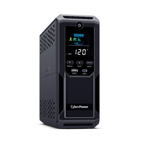 Front view of the 1500VA Intelligent LCD mini-tower UPS featuring a color LCD and dual USB charging ports (Type-A/C).