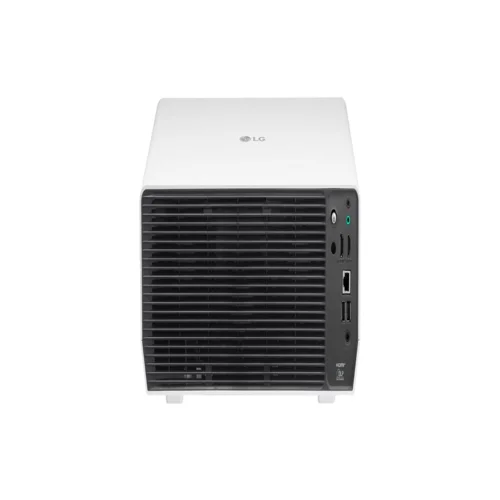 Rear view of the BU50RG projector showing the control buttons, dual HDMI ports, and professional RS-232C/LAN interfaces.