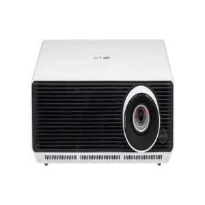 Front view of the LG ProBeam BU50RG 4K laser projector showing the high-performance lens and ceiling-mountable white housing.