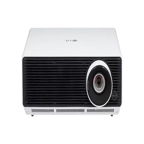 Front view of the LG ProBeam BU50RG 4K laser projector showing the high-performance lens and ceiling-mountable white housing.