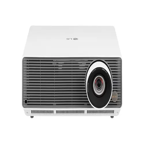 Front view of LG ProBeam BU60RG 4K UHD laser projector showing the powerful lens and professional white housing.